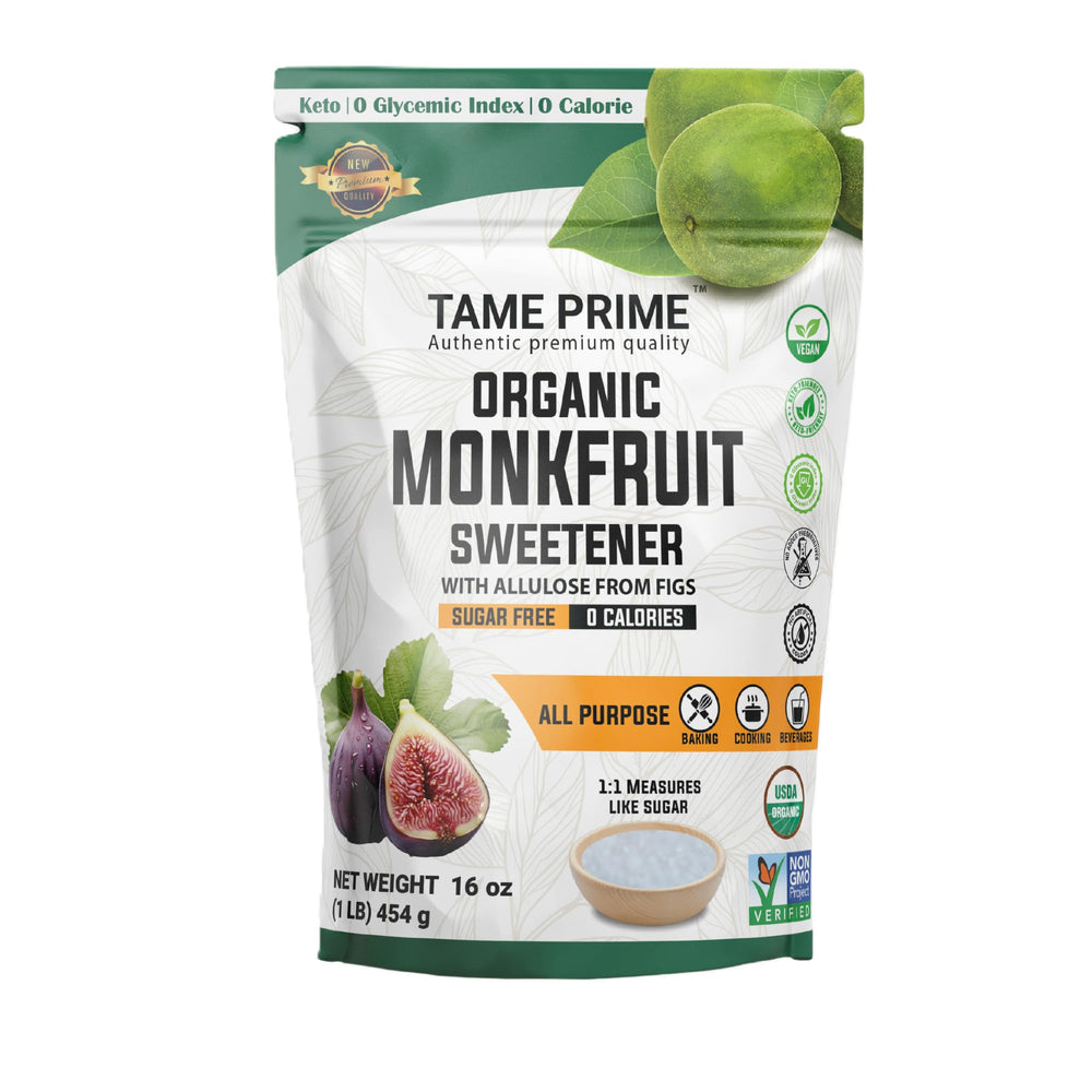 TAME PRIME front packaging showing organic monkfruit sweetener benefits