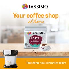Tassimo Costa Cappuccino frothy milk close-up highlighting creamy foam and cafe-like texture