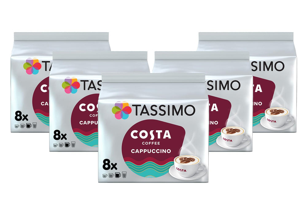 Tassimo Costa Cappuccino pack front showing product branding and count, highlights convenience