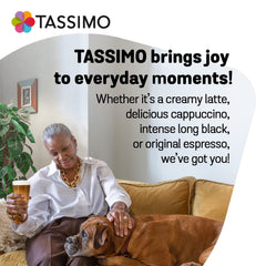 Tassimo Costa Latte in cup on table showing layered latte and ready-to-drink enjoyment