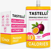 Tastelli front packaging box showing ten passion fruit pouches, clear product branding and benefit