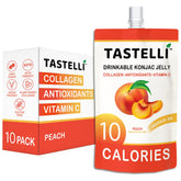 Tastelli peach konjac jelly front packaging showing pouch and peach visual benefit portability