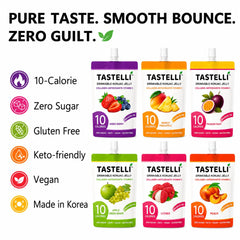 Tastelli pouch close-up showing konjac texture and smooth pour for satisfying mouthfeel