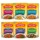 TASTY BITE front packaging showing six-entrée variety pack, convenient meal solution