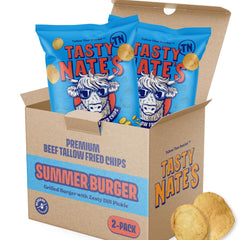 TASTY NATES front packaging showing summer burger flavor and bold branding benefit