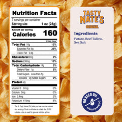 TASTY NATES ingredient label showing 100% beef tallow and simple ingredients