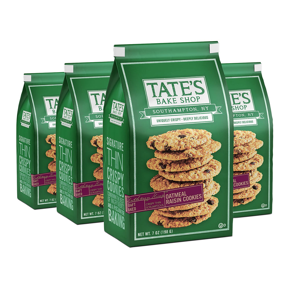 Tate's Bake Shop front packaging showing cookies and brand, convenient resealable bags