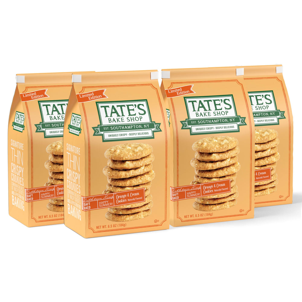 Tate's Bake Shop front packaging showing four reclosable bags and flavor