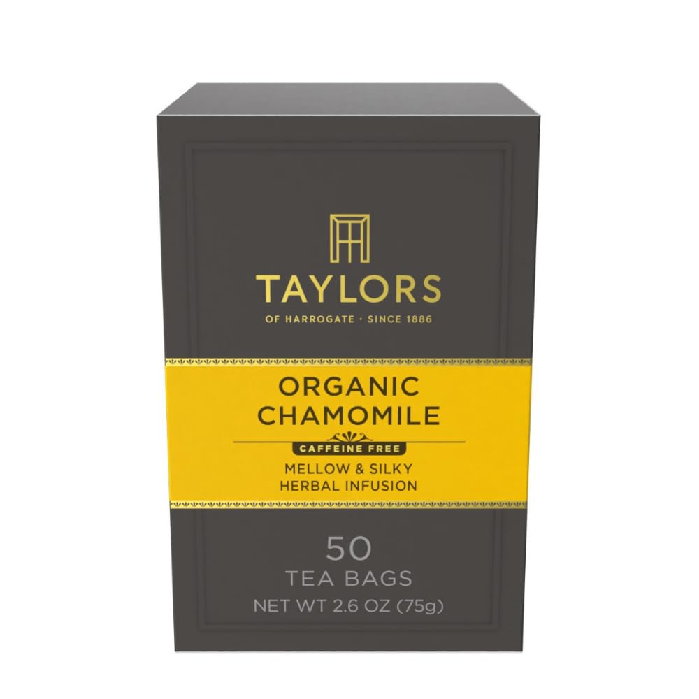 Taylors of Harrogate box front view showing organic chamomile branding and benefits