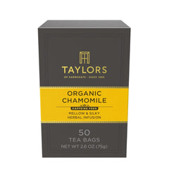 Taylors of Harrogate box front view showing organic chamomile branding and benefits