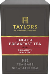 Taylors of Harrogate front packaging showing 50 tea bags and brand clarity for convenience