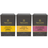 Taylors of Harrogate front packaging showing three herbal tea boxes and variety