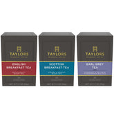 Taylors of Harrogate front packaging displaying three tea boxes and variety benefit