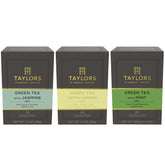 Taylors of Harrogate front packaging showing the three green tea boxes and variety benefit