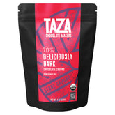 Taza Chocolate 70% dark chunks front package showing resealable bag and certifications
