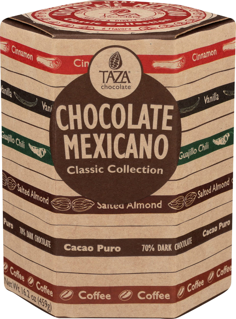 Taza Chocolate front packaging showing variety pack and bold branding benefits tasting