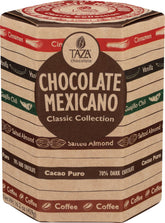Taza Chocolate front packaging showing variety pack and bold branding benefits tasting