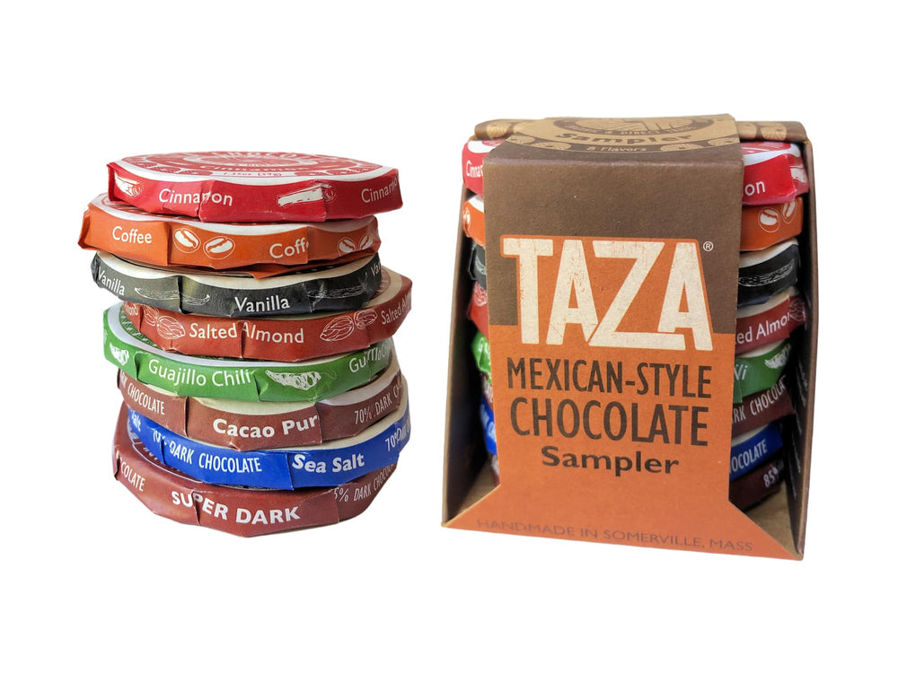 Taza Chocolate front packaging showing variety pack and certifications for clear sourcing