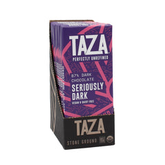 Taza Chocolate front packaging showing organic 87% bars and branding benefit
