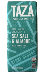 Taza Chocolate Sea Salt & Almond bar slab highlighting almonds and crunchy texture