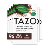 TAZO front packaging showing organic awake tea, bold mornings made simple