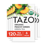 TAZO front packaging showing six 20-count boxes and product branding for pantry convenience
