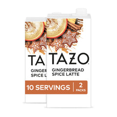 TAZO front packaging shows gingerbread spice concentrate and festive branding benefit quick latte prep