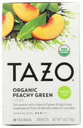 TAZO front packaging showing two 20-count peachy green tea boxes and branding freshness