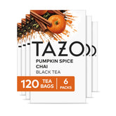 TAZO front packaging showing pumpkin spice chai, highlights seasonal flavor