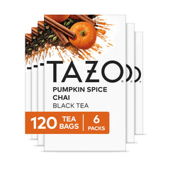 TAZO front packaging showing pumpkin spice chai, highlights seasonal flavor