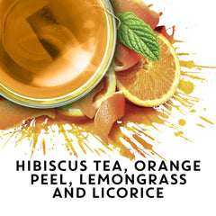 TAZO brewed cup steaming with bright citrus aroma and comfort