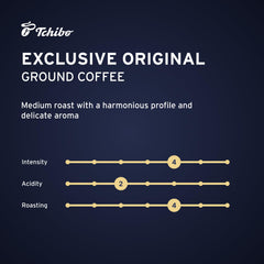 Tchibo Exclusive fine-ground next to measuring spoon showing grind consistency benefit