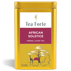 Tea Forte front canister showing African Solstice design and freshness
