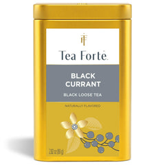 Tea Forte canister front view showing black currant blend and elegant packaging for a premium display