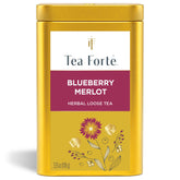 Tea Forte canister front view showing Blueberry Merlot artwork and elegant packaging benefit: shelf-ready presentation