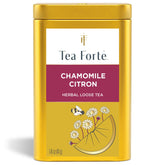Tea Forte front canister showing chamomile citron label and freshness preservation