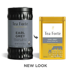 Tea Forte canister artwork close-up highlighting blend story and style