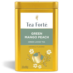 Tea Forte canister front showing green mango peach blend and elegant packaging benefit freshness
