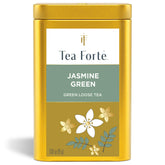 Tea Forte canister front view showing decorative label and airtight benefit