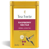 Tea Forte front canister showing Raspberry Nectar branding and gift-ready design