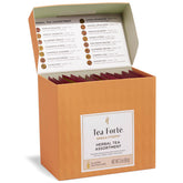 Tea Forte sampler box front showing assortment and easy brewing benefit