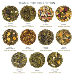 Tea Forte close-up of green tea leaves and blend texture highlighting premium quality