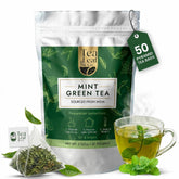 Tea Leaf & Co. front pouch showing mint green tea benefits and eco packaging