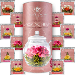 Teabloom front packaging showing assorted heart-shaped tea blooms and premium gift look