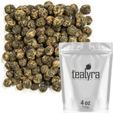 Tealyra front packaging showing Black Dragon Pearls and clear weight label for storage benefit