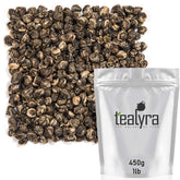 Tealyra front tin showing Imperial Jasmine Dragon Pearls, premium scent