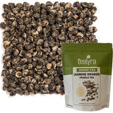 Tealyra front packaging showing 8-ounce jasmine dragon pearls, highlights premium quality