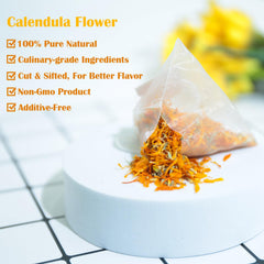 TEARELAE brewed cup of calendula tea with golden color for a soothing sip