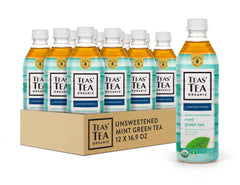 Teas' Tea front packaging showing mint green tea bottles and brand clarity, great for on-the-go refreshment