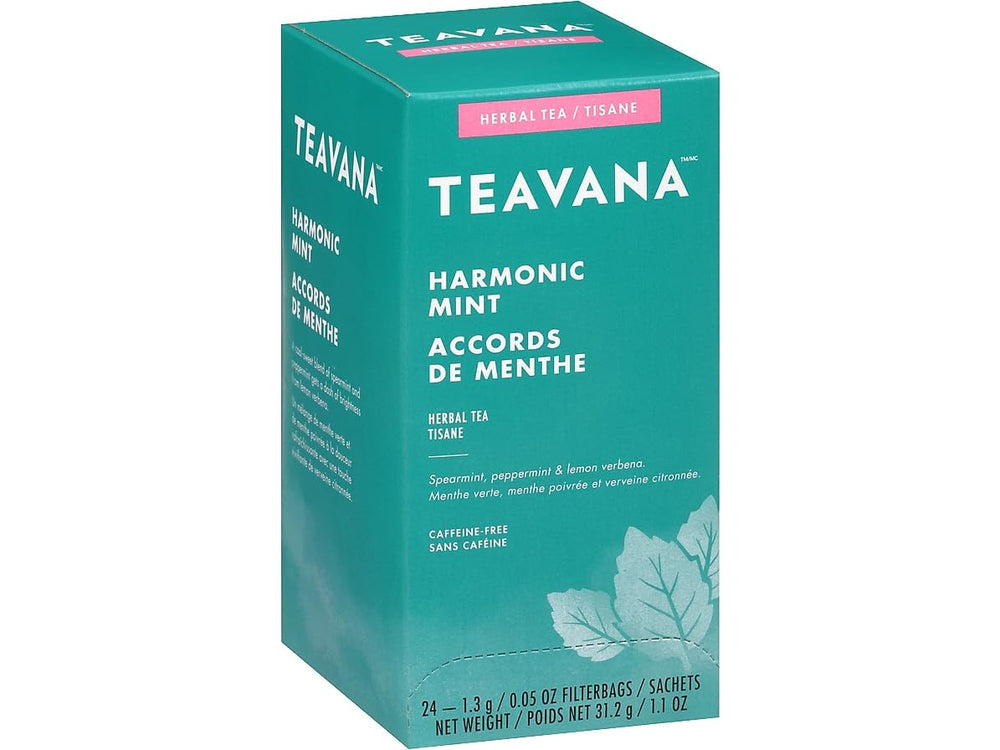 Teavana front packaging showing 24-box and blend name, clear shelf-friendly labeling